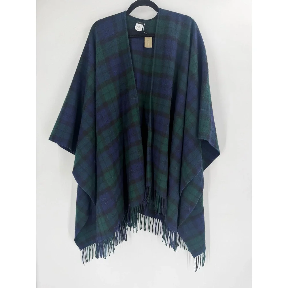 J.Crew Poncho Scarf Women XS/S Blue Green‎ Plaid Wool Blend Fringe Preppy NWT